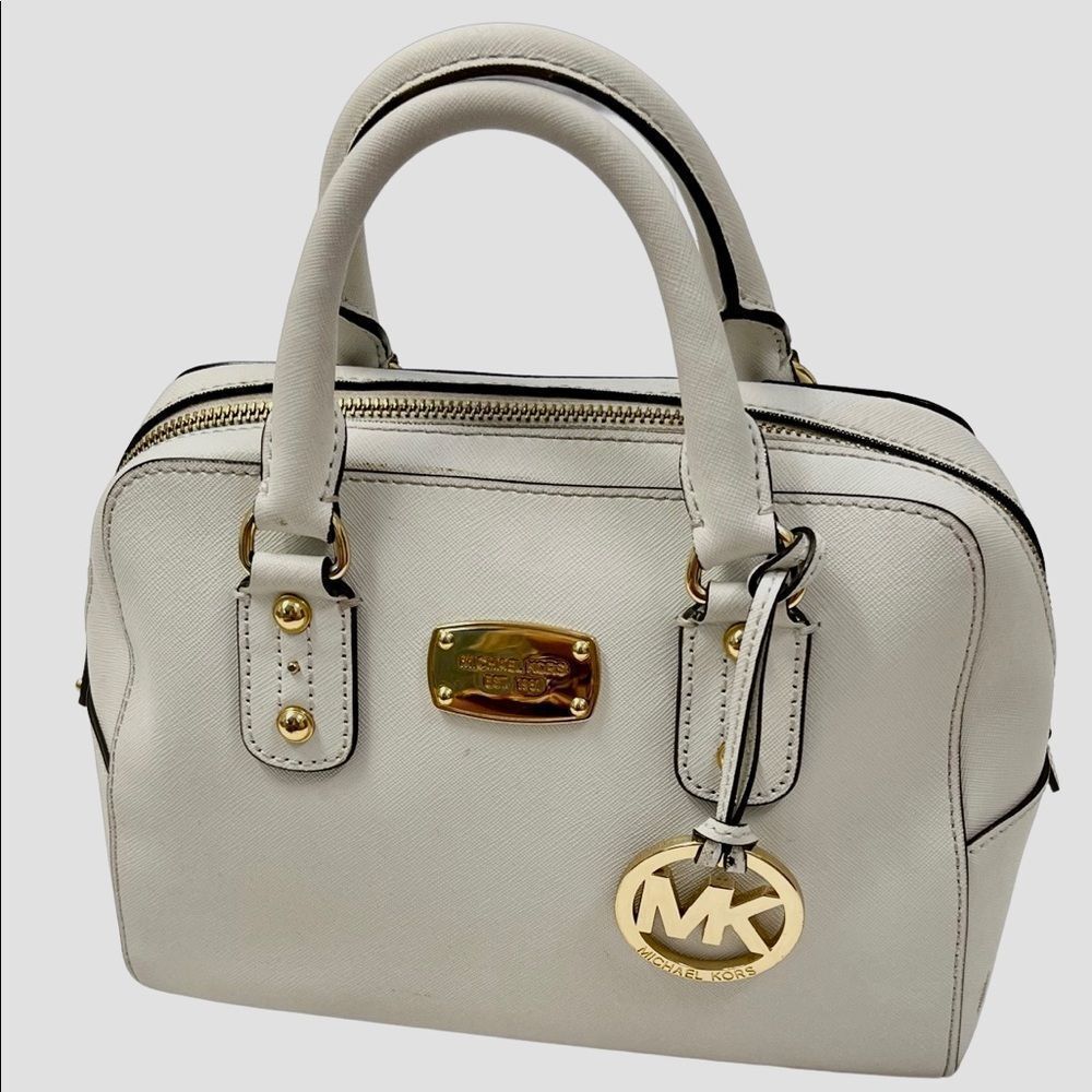 Michael Kors White Saffiano Leather Medium Satchel Crossbody Bowling Bag EUC